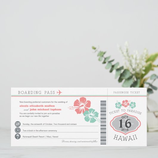 Hawaii-Hibiskus-Boarding-Durchlauf-Hochzeit Einladung (Stehend Vorderseite)