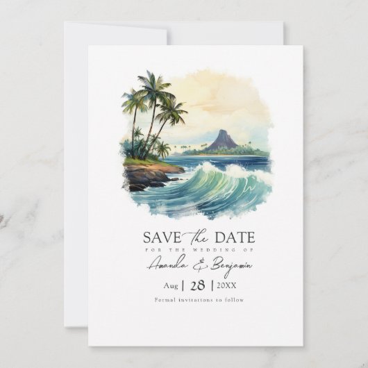 Hawaii-Hochzeit in Urlaubsort QR-Code Save The Date (Vorderseite)