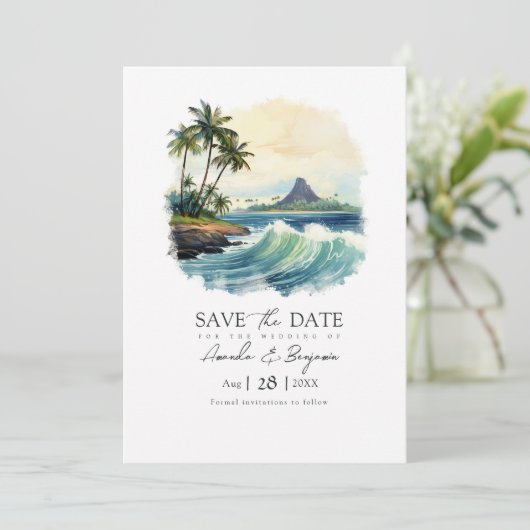 Hawaii-Hochzeit in Urlaubsort QR-Code Save The Date (Stehend Vorderseite)
