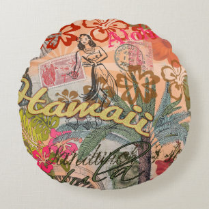 Hawaii Hula Reise Blumen Vintage Rundes Kissen