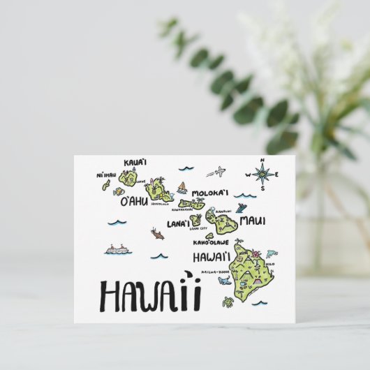 Hawaii Illustriert Map Postkarte (Stehend Vorderseite)