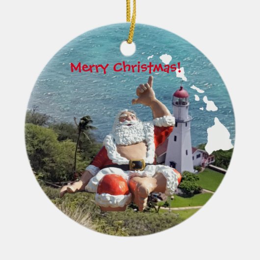 Hawaii Inseln, Weihnachtsmann und Waikiki Keramik Ornament (Vorne)