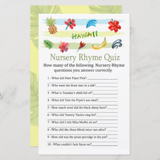 Hawaii Kinderzimmer Rhyme Quiz Kinderduschspiel (Vorne/Hinten)