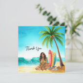 Hawaii-Mädchen mit Surfbrett am Strand Dankeskarte (Stehend Vorderseite)