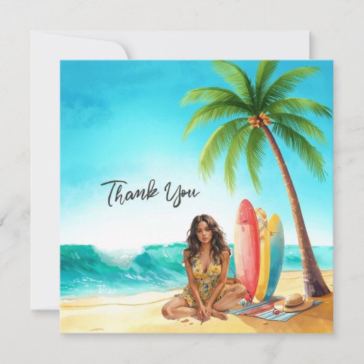 Hawaii-Mädchen mit Surfbrett am Strand Dankeskarte (Vorderseite)