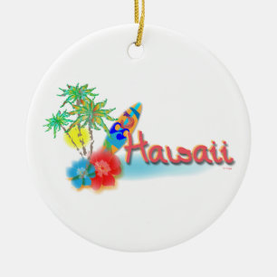 Hawaii mit Palmen, Blumen und Surfbrett Keramik Ornament
