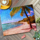 Hawaii Ocean Palm Tree Vintages Foto zur Strandzei Puzzle<br><div class="desc">"Zur Strandzeit." Entspannen Sie sich in Erinnerungen von faulen, tropischen Tagen am Strand, wenn Sie diesen Hawaii Urlaub funky, Retro, Vintage Aussehen, Not leidendes Foto-Puzzle eines einsamen Palmen auf einem sandigen, halbmondförmigen Strand mit klarem türkisblauen Himmel und Wasser genießen. Ein tolles Geschenk für jemanden, der etwas Besonderes ist! Kommt in...</div>