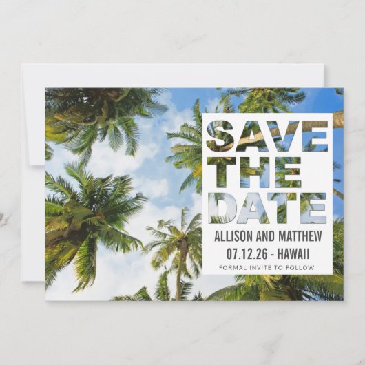 Hawaii Palm Tree Beach Wedding Foto Save The Date (Vorderseite)