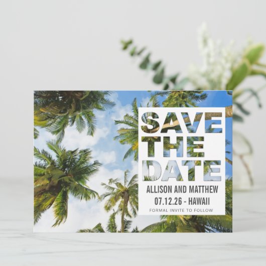 Hawaii Palm Tree Beach Wedding Foto Save The Date (Stehend Vorderseite)