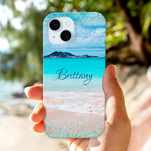 Hawaii Sandy Beach Blue Gold Confetti Name iPhone 15 Hülle