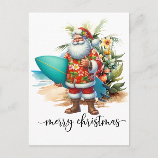 Hawaii Santa Claus is holding surf board Christmas Postkarte (Vorderseite)
