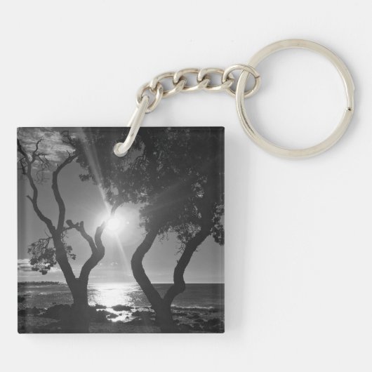 Hawaii Sunlit Trees Ocean Shore Schwarz und Weiß Schlüsselanhänger (Rückseite)