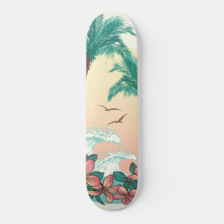 Hawaii Sunset Waves Hibiskus Blume Palmen Vögel Skateboard