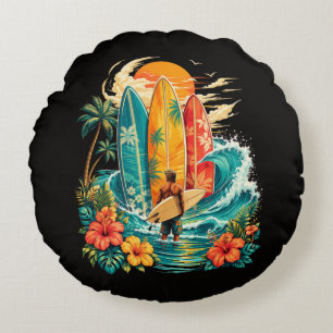 Hawaii Surfbrett Welle Strand Surfer Vintage Rundes Kissen