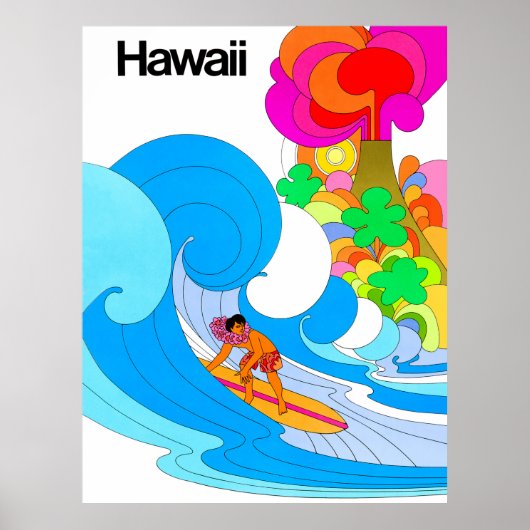 Hawaii, Surfen auf großen Wellen, 60er Illustratio Poster (Vorne)