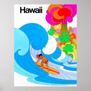 Hawaii, Surfen auf großer Welle, Illustration aus  Poster