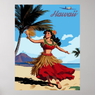 Hawaii, tanzendes Hula-Mädchen am Strand, Reise Poster