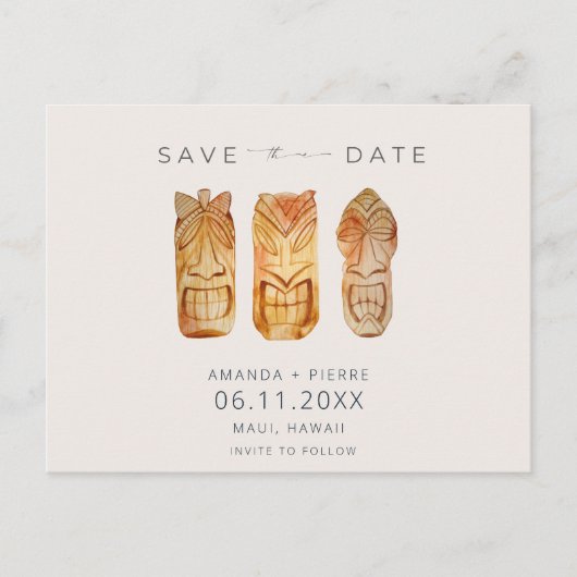 Hawaii Tiki Mask Wedding Save the Dates Ankündigungspostkarte (Vorderseite)