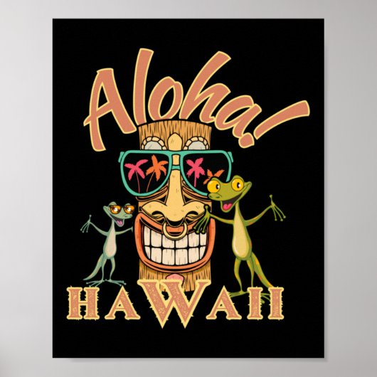 Hawaii Tiki mit zwei lustigen Geckos Sticker Poster (Vorne)