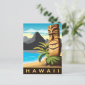 Hawaii, Tiki Statue am Strand, Reisen Postkarte (Stehend Vorderseite)