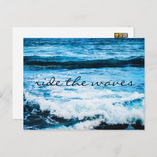 Hawaii Tropical Blue Ocean Ride the Waves Script Postkarte (Vorne/Hinten)