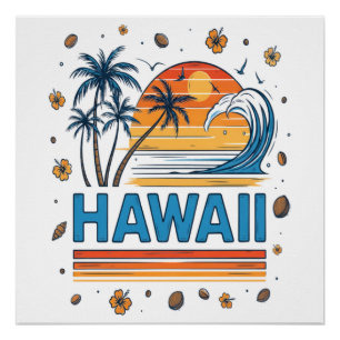 Hawaii-Urlaub-Sonnenuntergang 70er Strand Poster