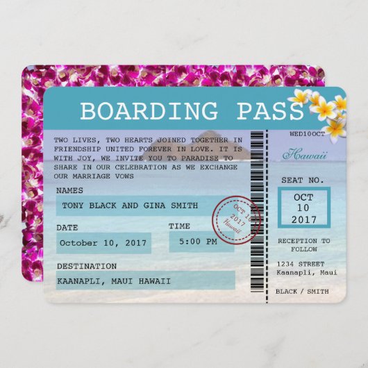 Hawaii Wedding Boarding Pass Einladung (Vorne/Hinten)