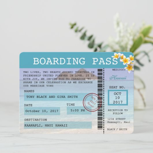 Hawaii Wedding Boarding Pass Einladung (Stehend Vorderseite)