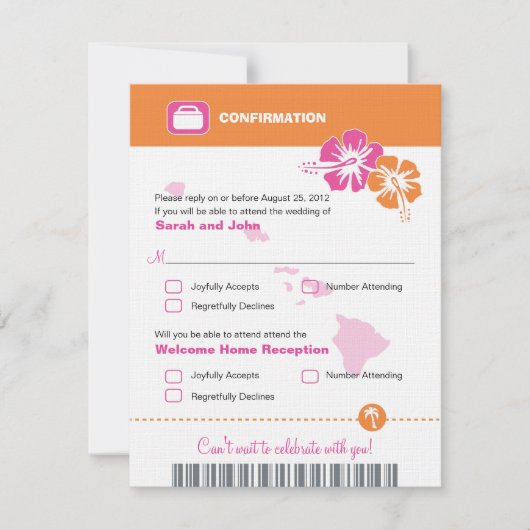 Hawaii Wedding RSVP Confirmation Boarding Pass Karte (Vorderseite)