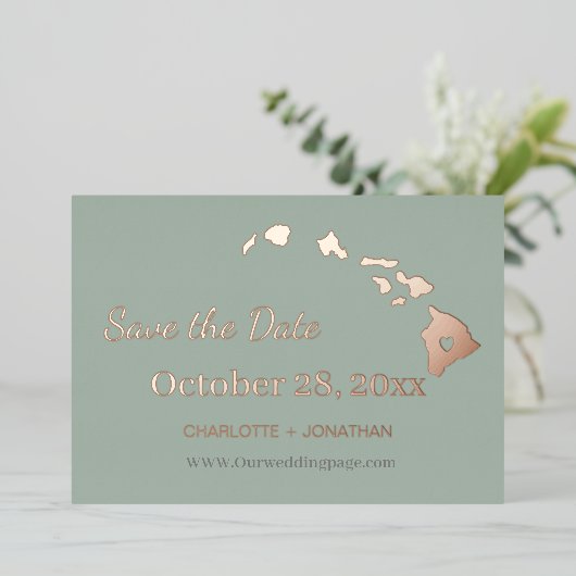 Hawaii Wedding Save the Date Rose Gold Folieneinladung (Stehend vorne)