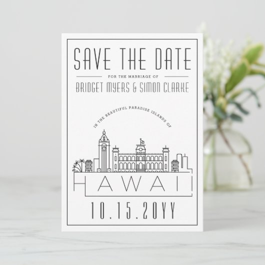 Hawaii Wedding Stylized Skyline Save the Date Einladung (Stehend Vorderseite)