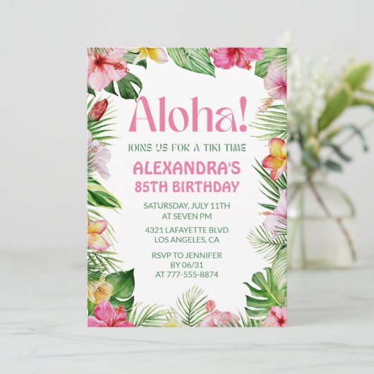 Hawaiian 85. Geburtstag Einladung Tropische Blume (Stehend Vorderseite)