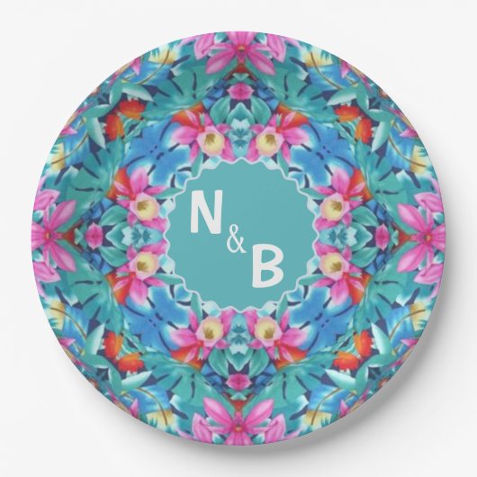 Hawaiian Abstrakt Monogram Couple Classic Round Pappteller (Vorderseite)