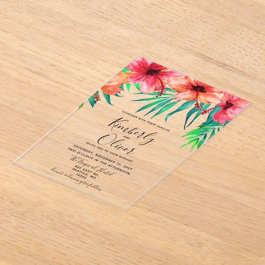 Hawaiian Beach Hochzeit im tropischen Hibiskus Acryleinladungen (Ablage )