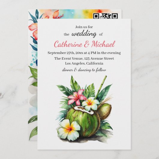 Hawaiian Beach Holiday Sommer Hibiskus Hochzeit Einladung (Vorne/Hinten)
