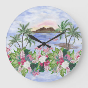 Hawaiian Bliss: tropisches Wasserfarbenmuster Große Wanduhr