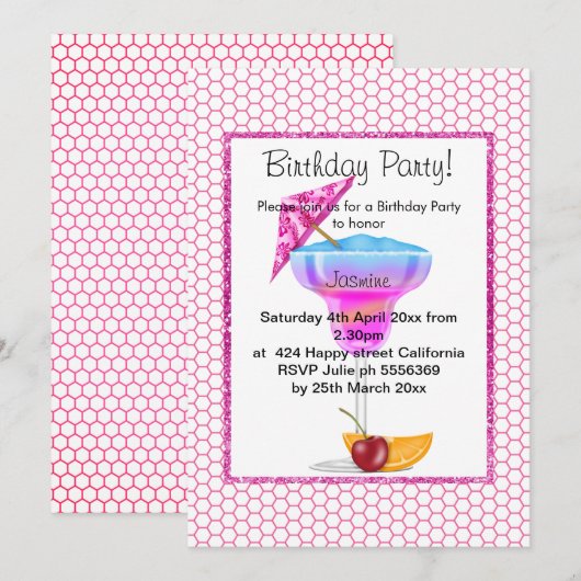 HAWAIIAN COCKTAIL PINK GEMUSTERTER GEBURTSTAG EINLADUNG (Vorne/Hinten)
