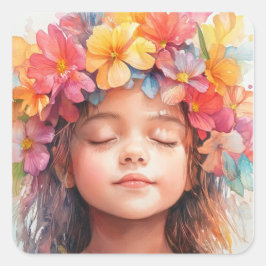 Hawaiian Girl Colorful Tropical Blume Kronen Quadratischer Aufkleber