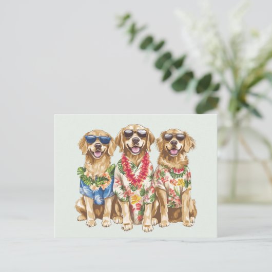 Hawaiian Golden Retriever Hunde Blume Lei Postkarte (Stehend Vorderseite)