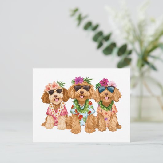 Hawaiian Goldendoodle Hunde Blume Lei Postkarte (Stehend Vorderseite)