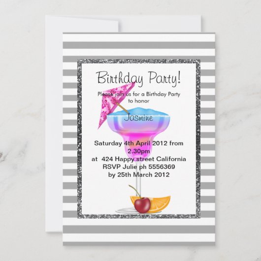 HAWAIIAN GRAY STRIPE COCKTAIL BIRTHDAY EINLADUNG (Vorderseite)