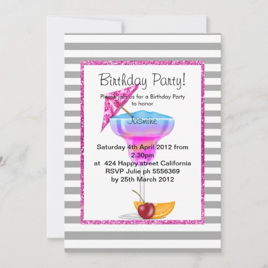 HAWAIIAN GRAY STRIPE COCKTAIL BIRTHDAY PINK EINLADUNG (Vorderseite)