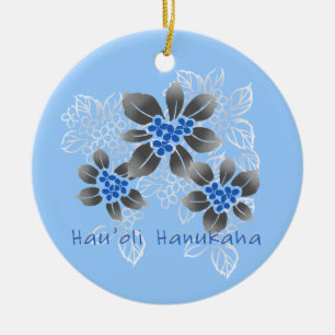Hawaiian Holly Hanukkah Blue Floral Keramik Ornament