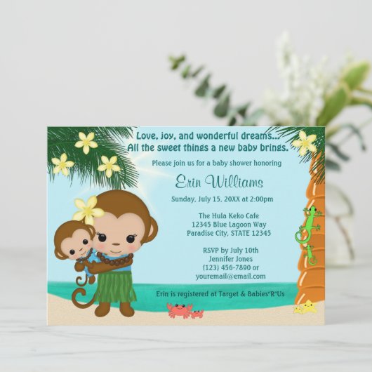 Hawaiian Hula Monkey Baby Dusche Einladung BOY (Stehend Vorderseite)