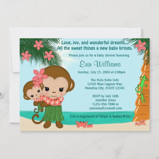 Hawaiian Hula Monkey Baby Dusche Einladung Strand (Vorderseite)