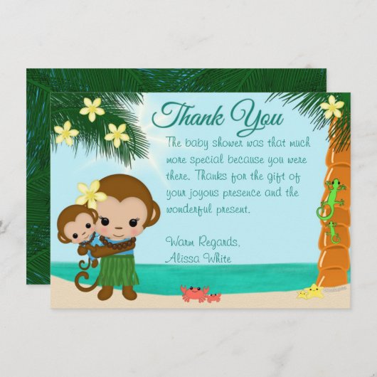 Hawaiian Hula Monkey Babydusche Danke, BOY#01 Einladung (Vorne/Hinten)