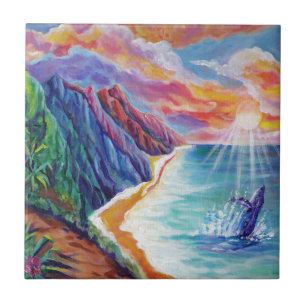 Hawaiian Humpback Whale und Na Pali von Kauai Fliese