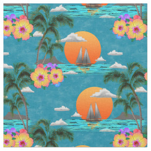 Hawaiian Island Beach Sunset auf Blue Stoff