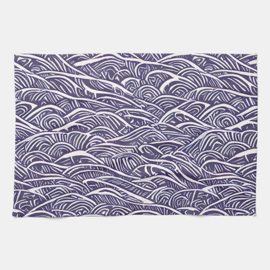 Hawaiian Linocut Waves and Surf Geschirrtuch (Horizontal)