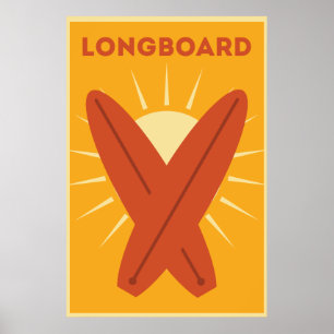 Hawaiian Longboard Surfboard Vintage Retro Poster